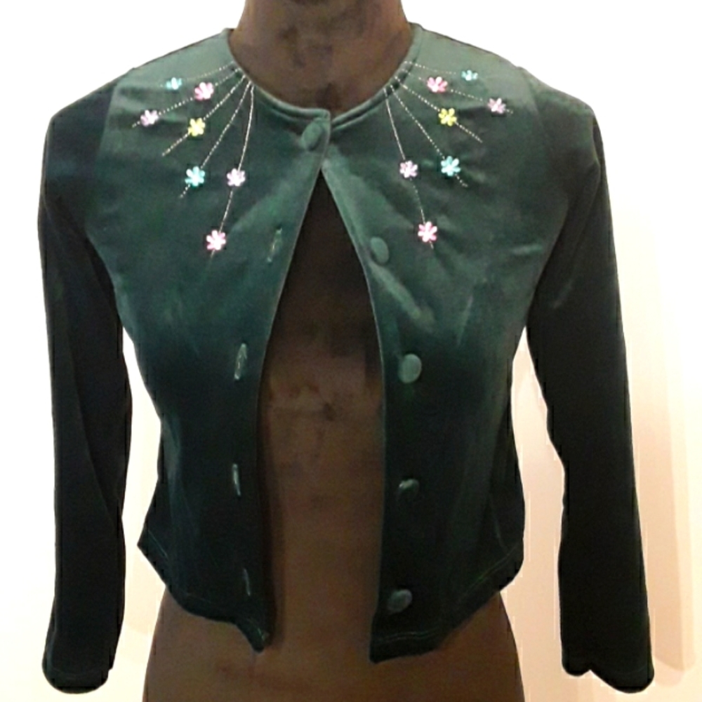Pogo Club of NY dark green velour button down top with flowers 10/12